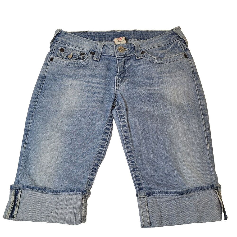 True Religion World Tour Rainbow Stitch Knee Length Jean Shorts 28" Made In USA
